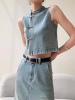 Load image into Gallery viewer, Denim Cheongsam Top + Maxi Skirt Set in Blue
