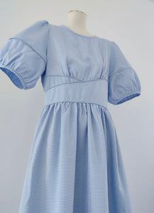 Checked Puff Sleeve Midi Dress in Blue