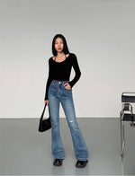 Load image into Gallery viewer, High Rise Flare Leg Stretch Jeans in Blue
