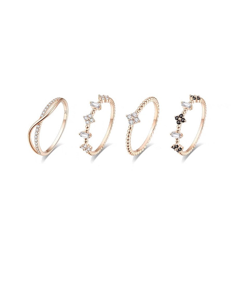 Set of 4 Rose Gold Diamante Rings