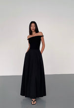 Load image into Gallery viewer, Off Shoulder Twist Pocket Maxi Dress in Black
