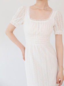 Crochet Lace Midi Shift Dress in White