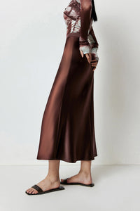 Satin Maxi Slip Skirt in Brown