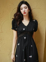 Load image into Gallery viewer, Floral Puff Sleeve Empire Dress in Black
