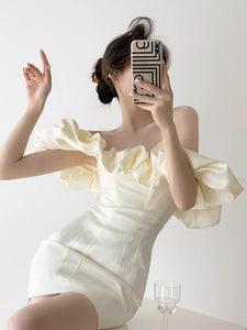Off Shoulder Ruffle Bustier Mini Dress in Cream