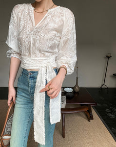 Floral Eyelet Tie Blouse in White