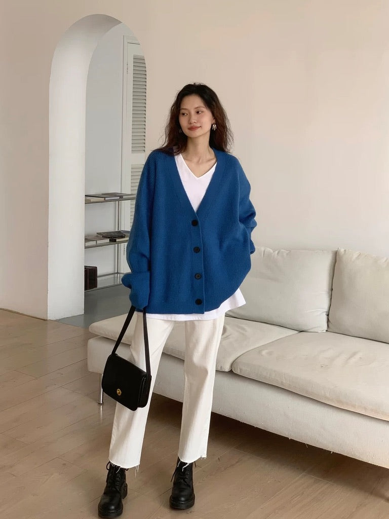 Oversized Contrast Button Cardigan in Blue