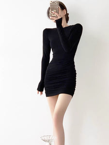 Long Sleeve Shirring Mini Bodycon Dress in Black
