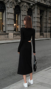 Knitted Side Cutout Slit Midi Dress in Black