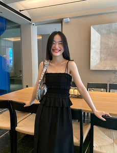 Cami Tie Ruffle Slit Dress in Black