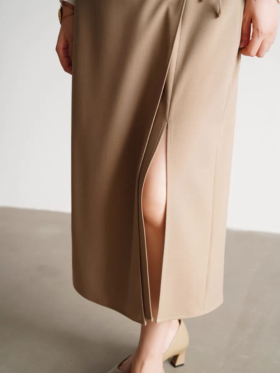 Midi Wrap Tie Slit Skirt in Tan
