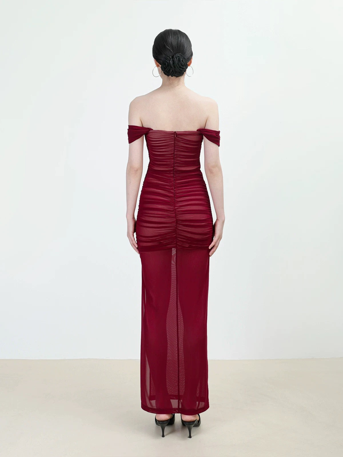 Off Shoulder Gathered Slit Gown in Red