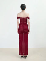 Load image into Gallery viewer, Off Shoulder Gathered Slit Gown in Red
