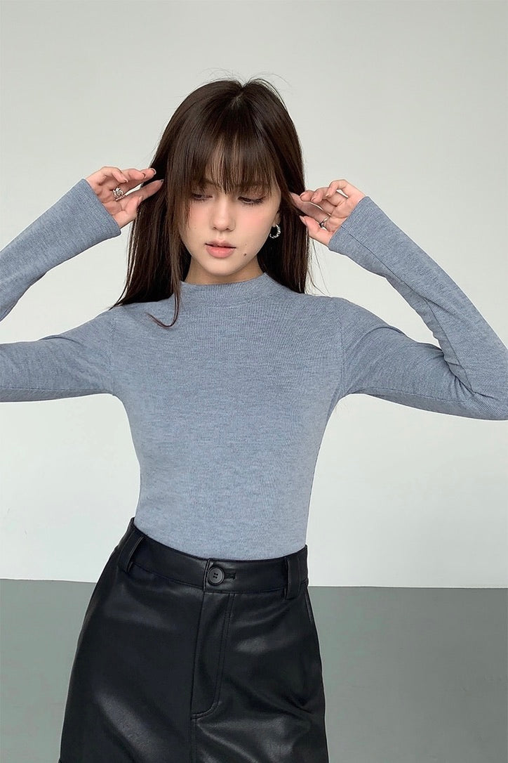 High Neck Long Sleeve Top in Light Grey