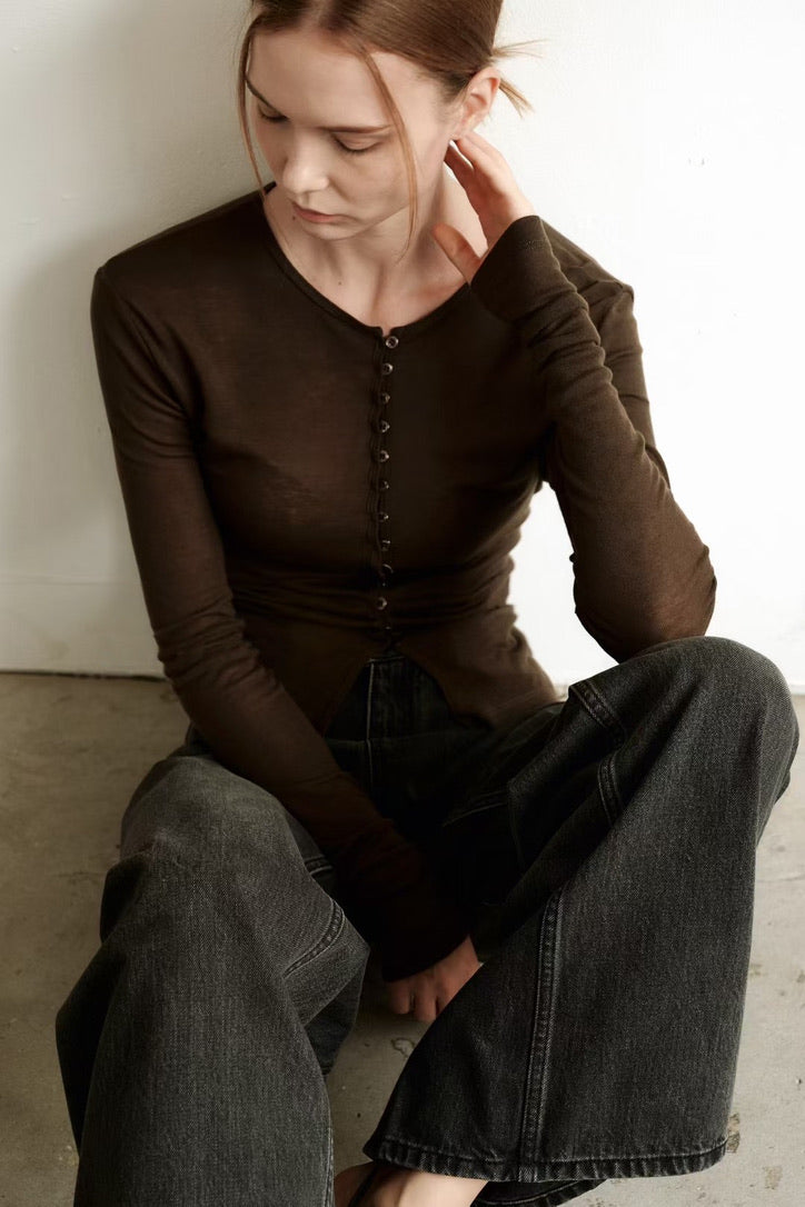 Korean Magie Tencel Blend Stretch Button Top in Brown