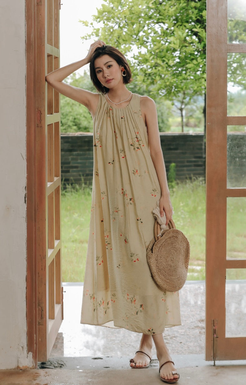 Floral Sleeveless Tent Dress in Beige