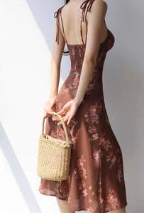 Ibizia Floral Wrap Tie Strap Slit Dress in Brown