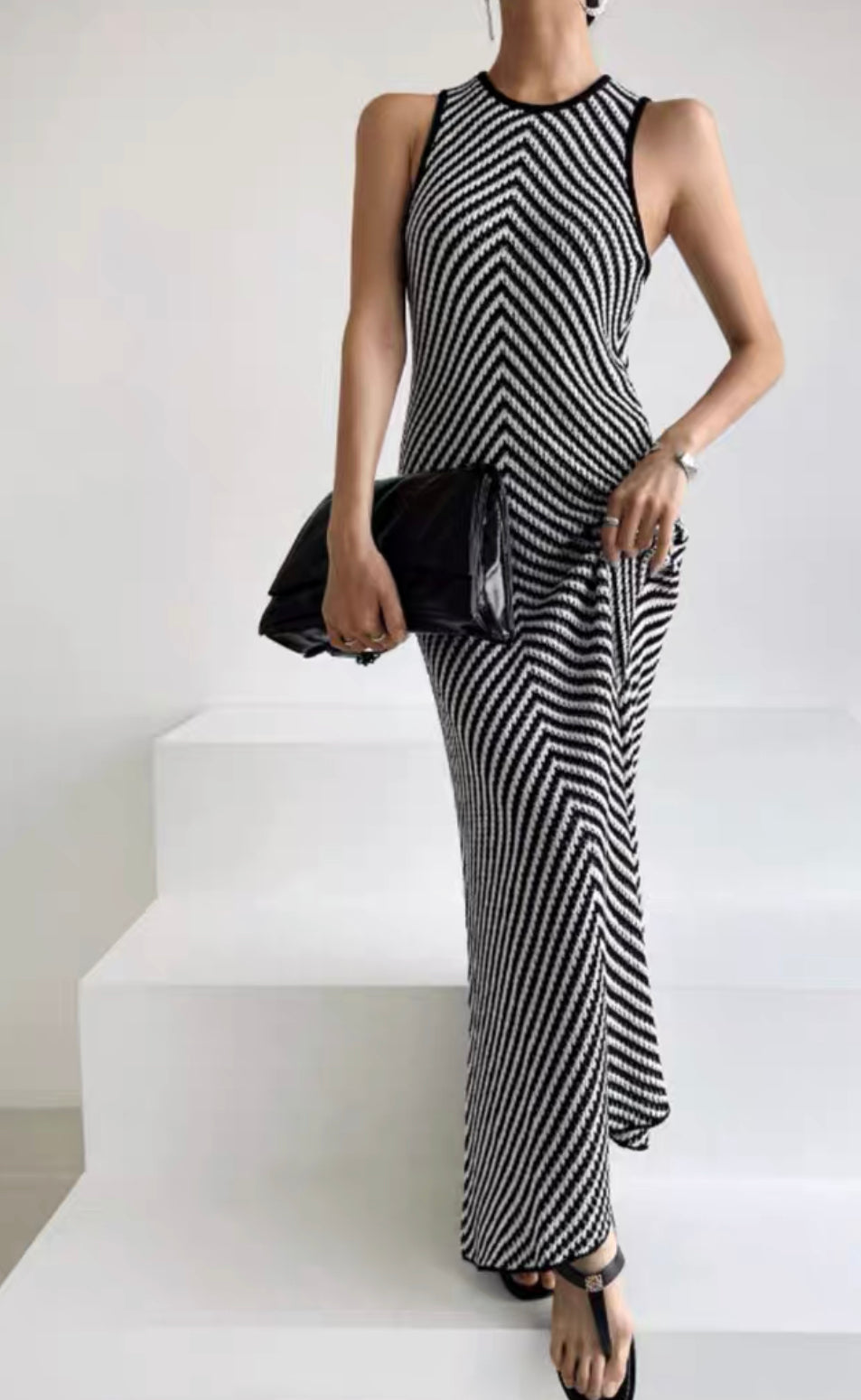 Knitted Sleeveless Dress in Black/White