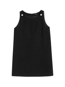 Tweed Sleeveless Button Shift Dress in Black