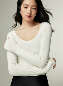 Scoop Neck Stretch Long Sleeve Top in White