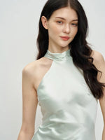 Load image into Gallery viewer, Satin Drop Back Tie Halter Dress in Green
