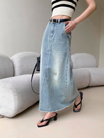 Load image into Gallery viewer, Denim Cheongsam Top + Maxi Skirt Set in Blue
