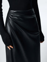 Load image into Gallery viewer, Wrap Style Pleather Midi Skirt in Black
