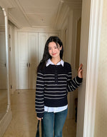 Load image into Gallery viewer, Knitted Striped Button Sweater in Navy
