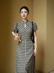 Checked Blouson Pankou Dress in Black