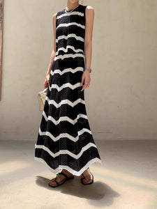 Striped Pleated Maxi Skirt in Navy
