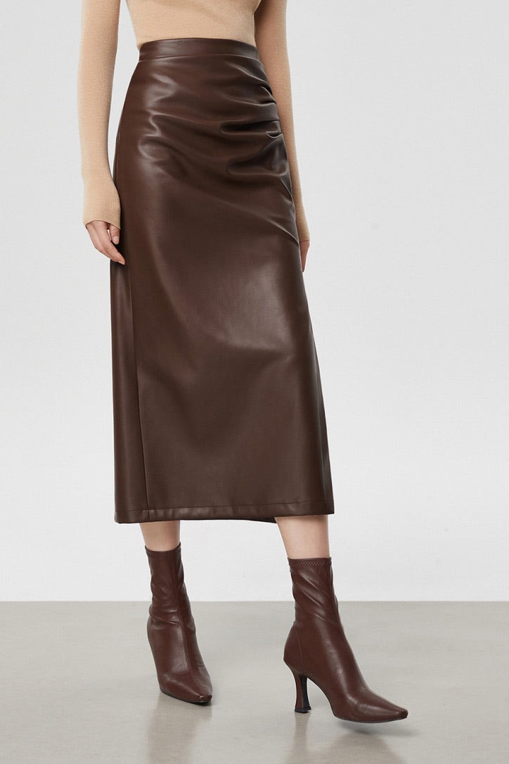 High Waist Pleather Midi Slit Skirt [2 Colours]