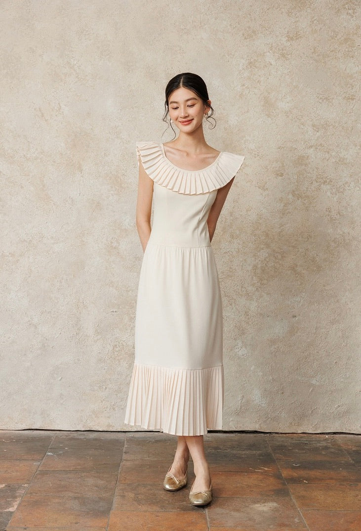 Tencel Blend Pleated Midi Dress in Cream