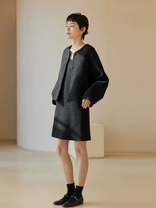 Oversized Wool Blend Tweed Pocket Jacket in Black