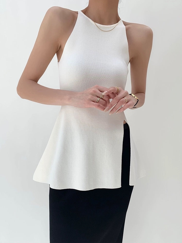 Light Knit Peplum Slit Top in White