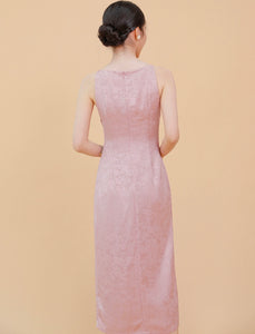 Chinoiserie Satin Slit Dress in Pink