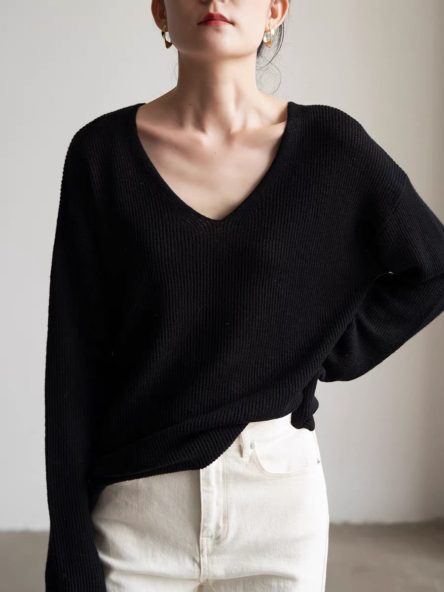 Relaxed Wool Ribbed Sweater in Black
