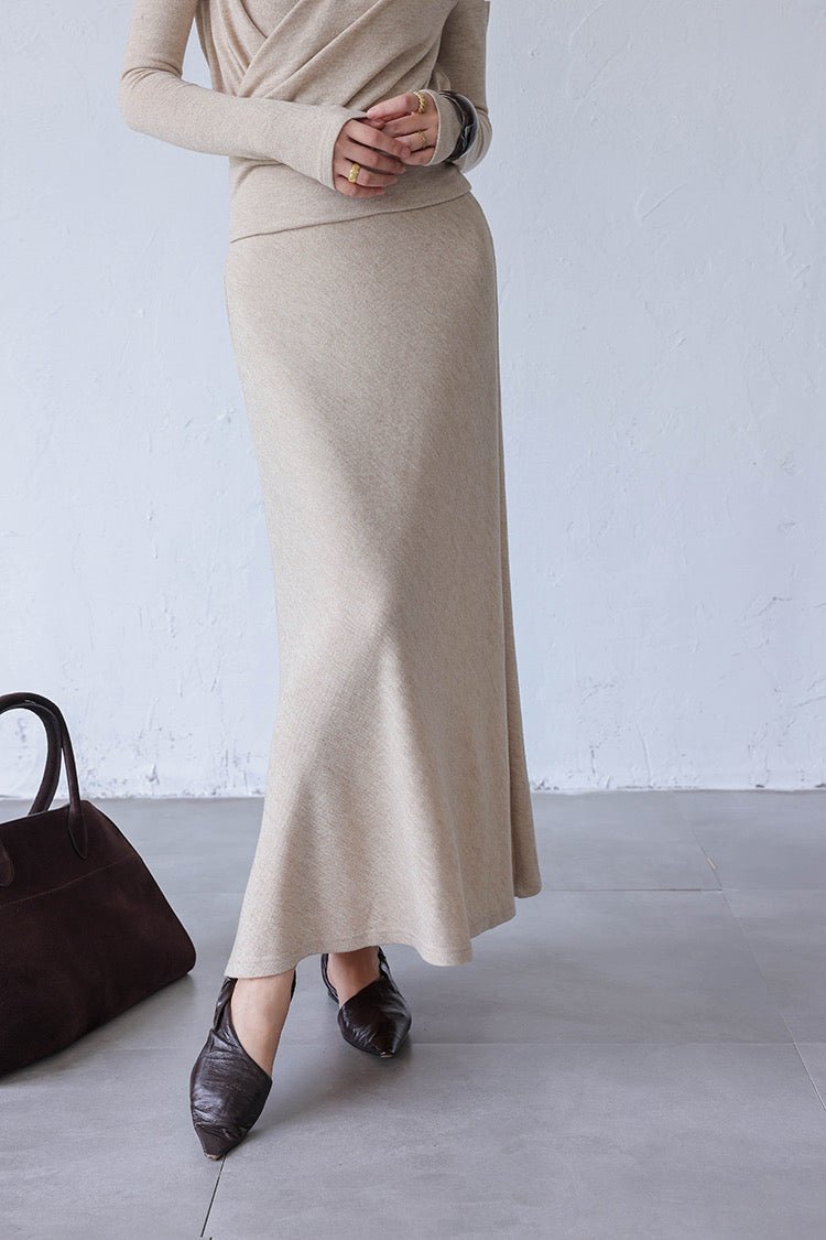 Fine Knit Top + Maxi Skirt Set in Beige