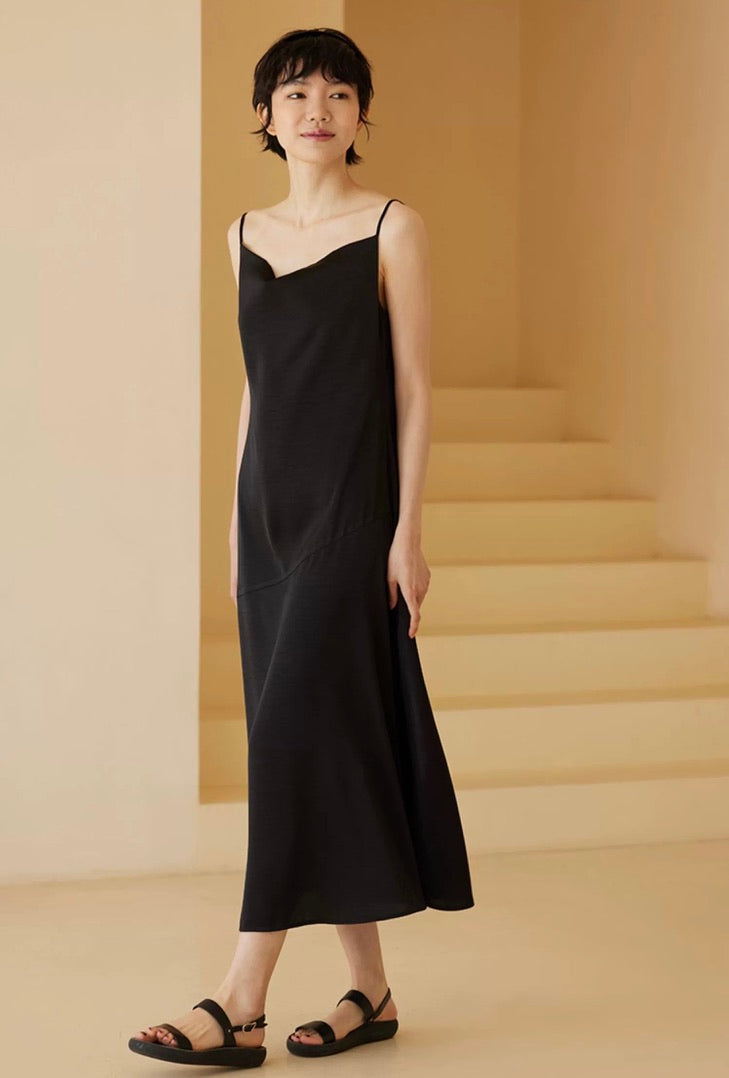 Satin Drape Slip Dress in Black