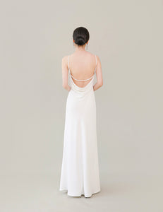 Drop Back Bead Drape Gown in White
