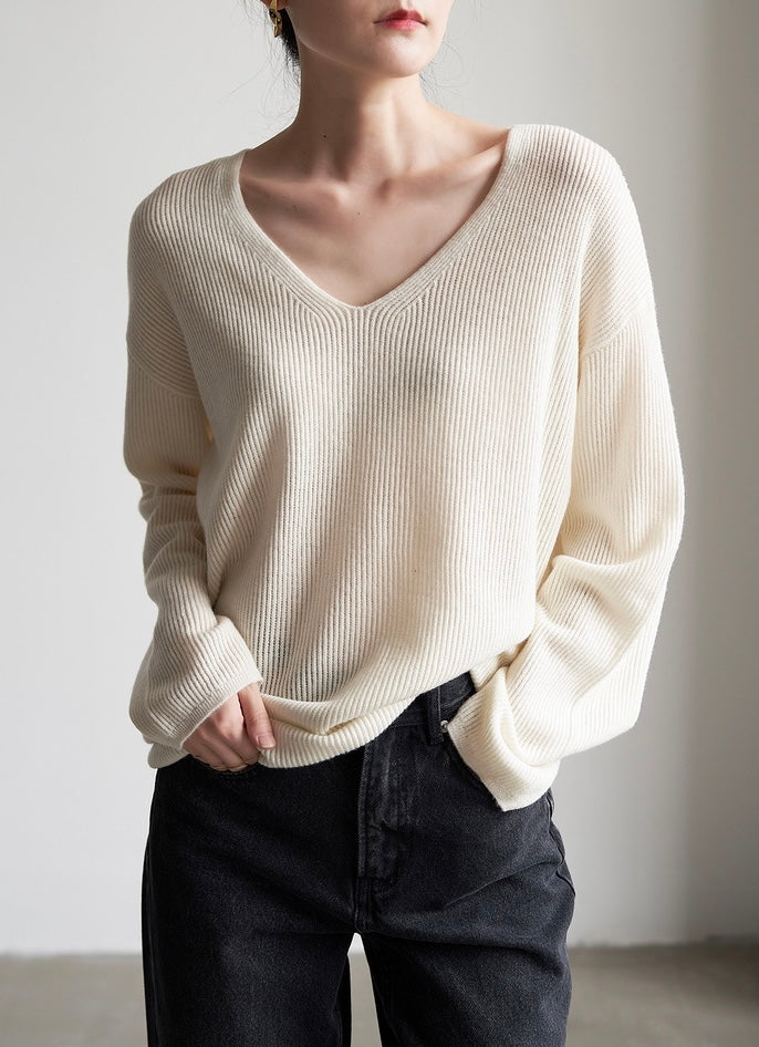 Relaxed Wool Ribbed Sweater in Cream