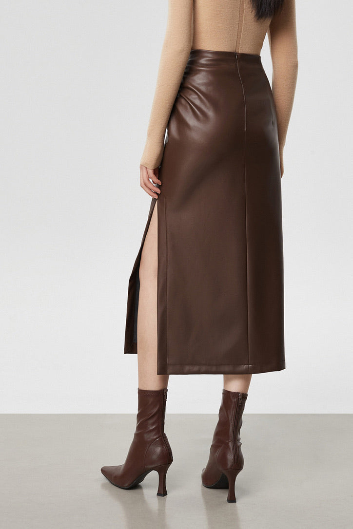 High Waist Pleather Midi Slit Skirt [2 Colours]