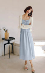 Load image into Gallery viewer, Ribbon Tie Gather Dress in Blue
