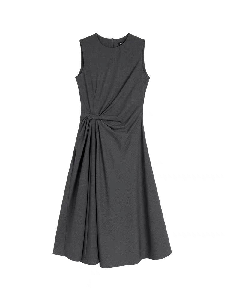 Tailored Gathered A-Line Midi Dress in Grey