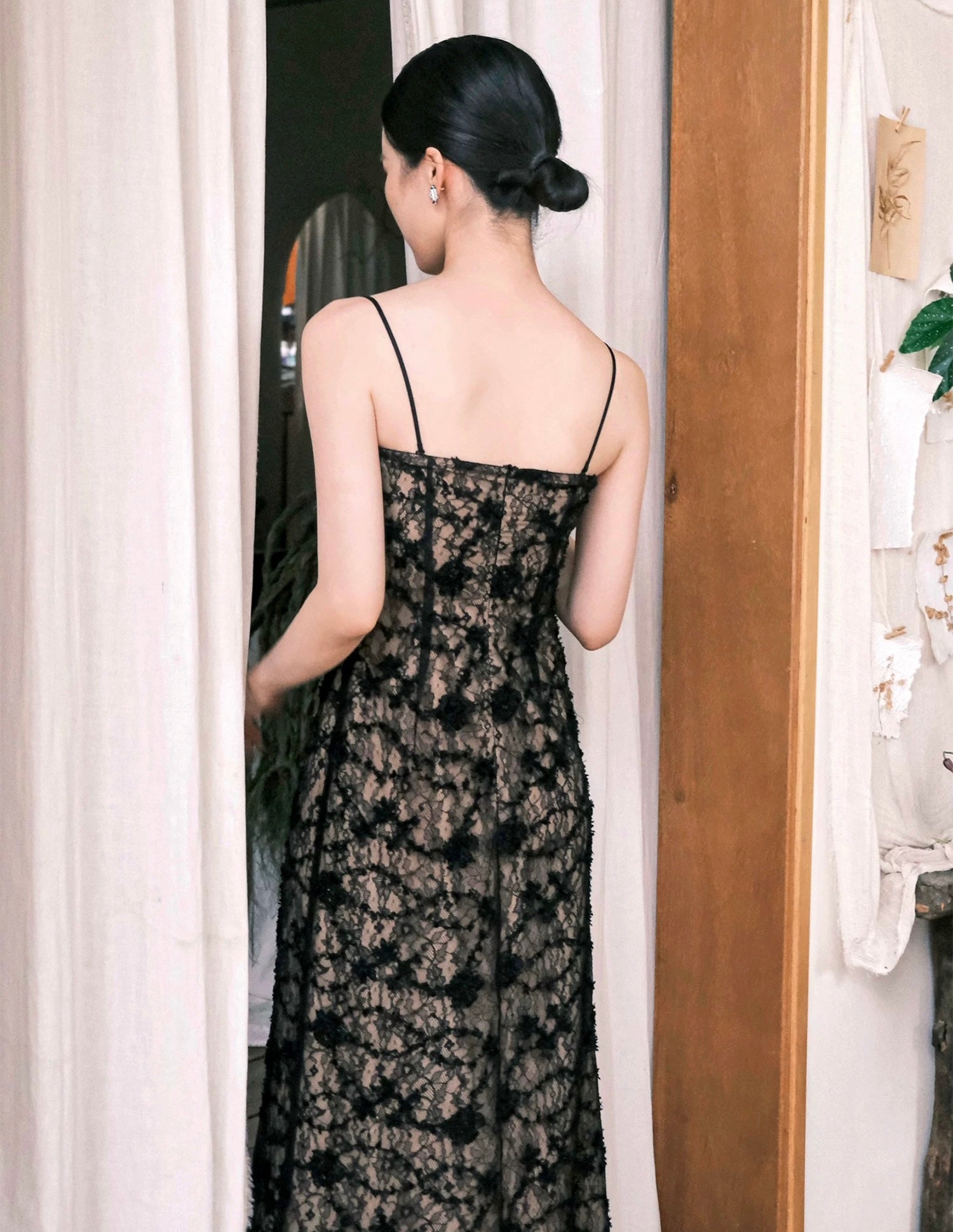 Textured Lace Cami Gown in Black