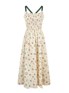 Floral Cross Tie Back Midi Dress in Cream