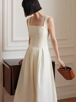 Load image into Gallery viewer, Square Neck Pleat Midi Dress in Cream
