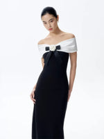 Load image into Gallery viewer, Off Shoulder Contrast Stretch Gown in Black
