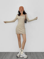 Load image into Gallery viewer, Ribbed Knit Mini Bodycon Dress in Greige
