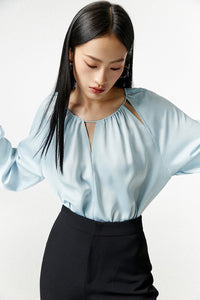 Cutout Long Sleeve Blouse in Blue