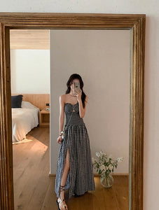 Checked Bustier Slit Maxi Dress in Black